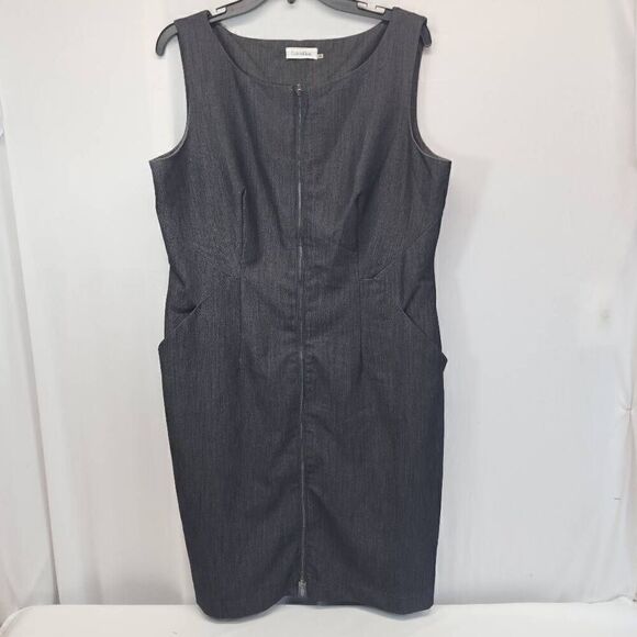 CALVIN KLEIN Size 14 Zip Front Sheath Dress  POCKETS! Sleeveless Career Grey S2 - Picture 1 of 6